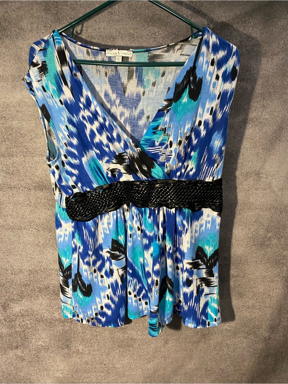 Moa Moa Womens Large Top Blue Abstract Ikat Print Crossover V-Neck Sleeveless L